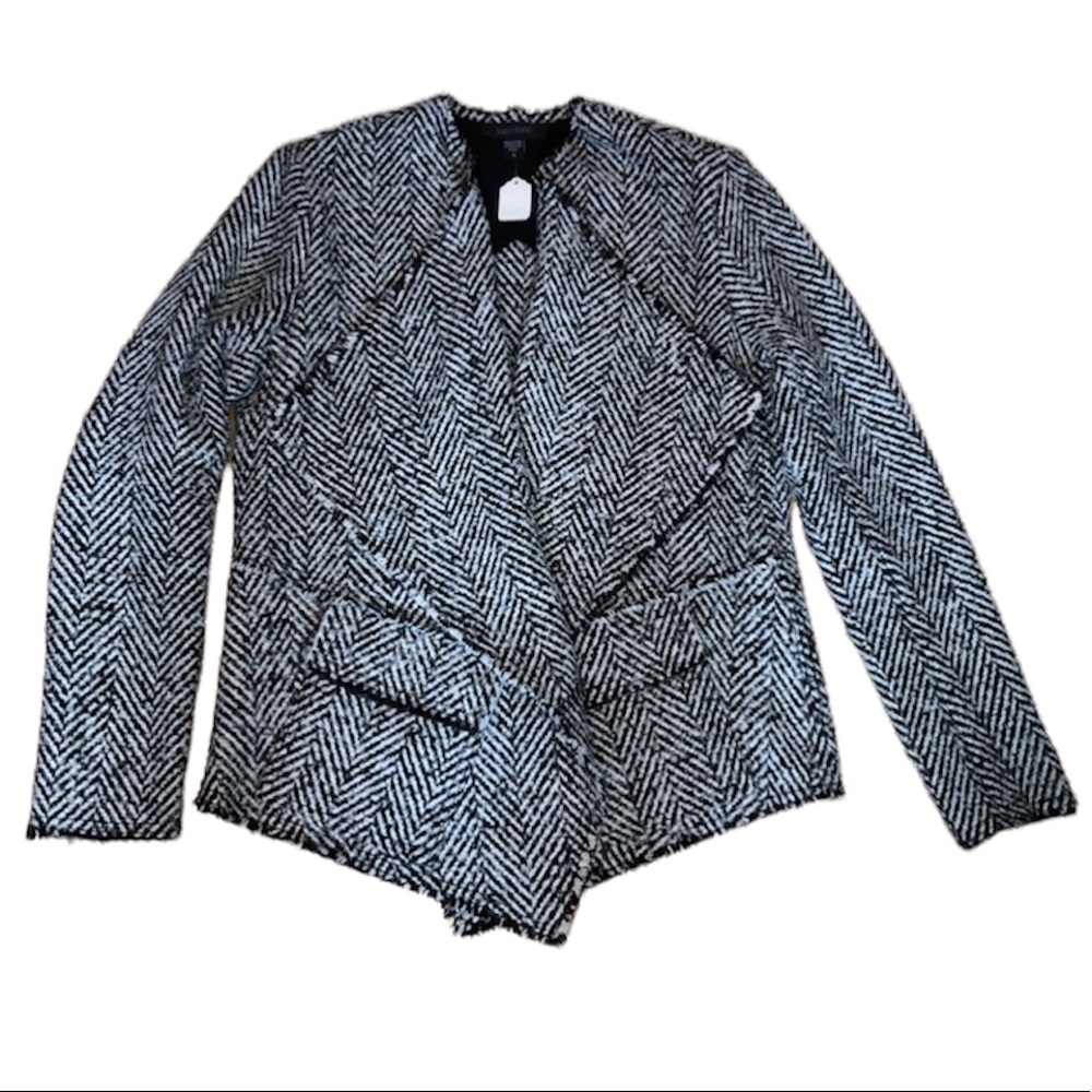 KAREN KANE Herringbone Relaxed Drape Front Jacket Shawl Collar Wool Black White